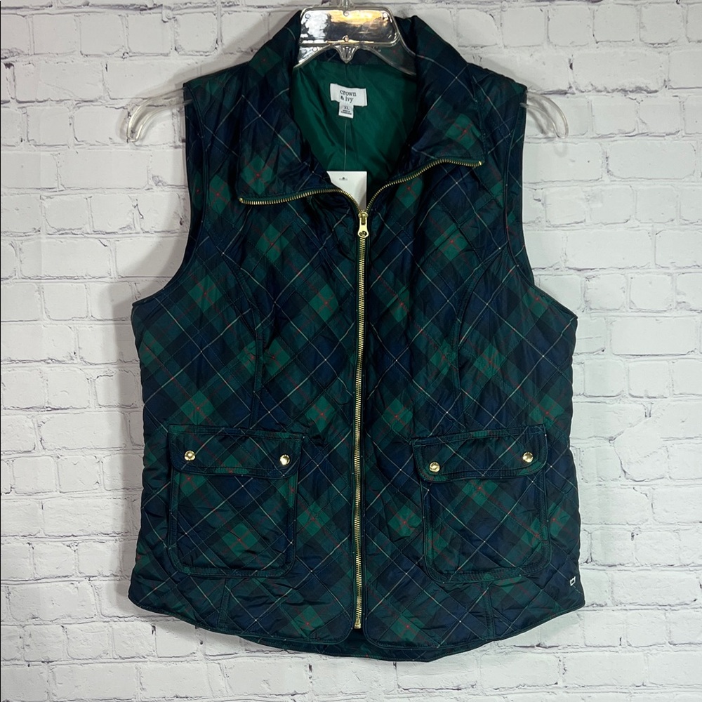 Crown & Ivy Green and Blue Plaid Vest